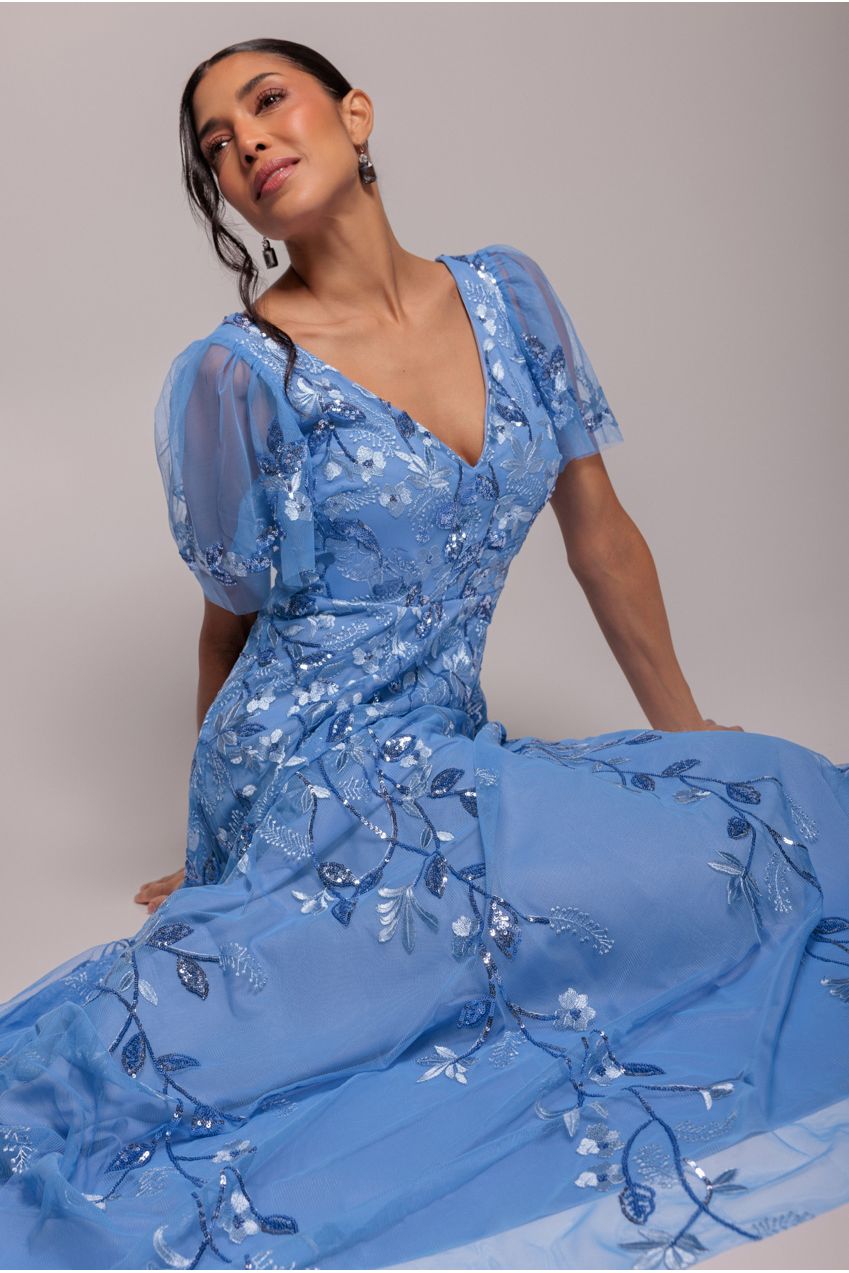 Goddiva Flared Sleeve Embroidered Maxi Dress - Cornflower Blue