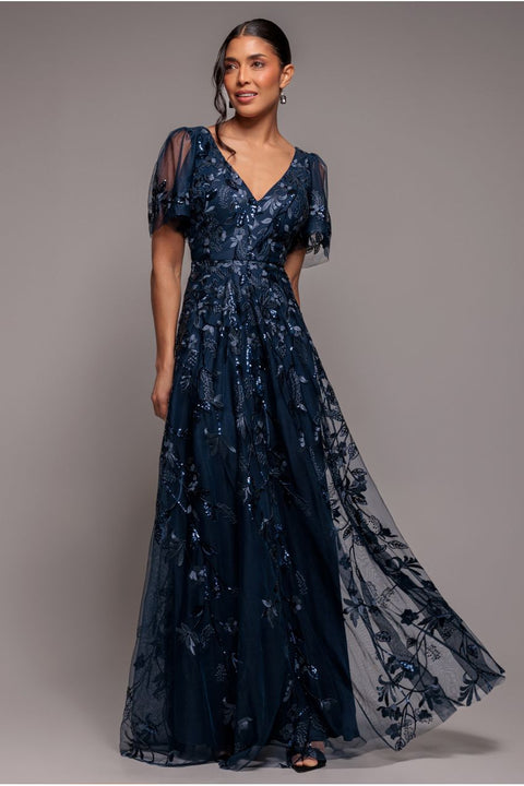 Goddiva Flared Sleeve Embroidered Maxi Dress - Navy Blue