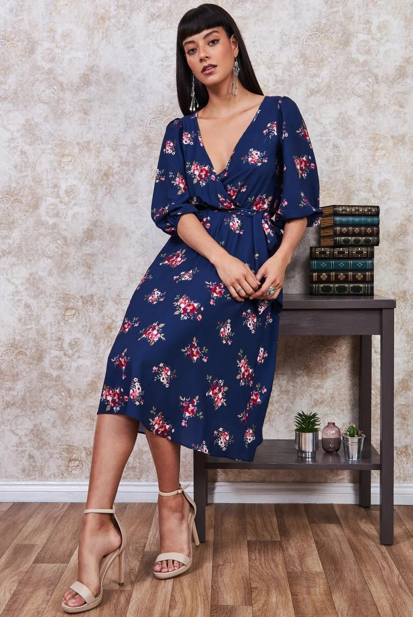 Goddiva Wrap Style Floral Midi Dress - Navy