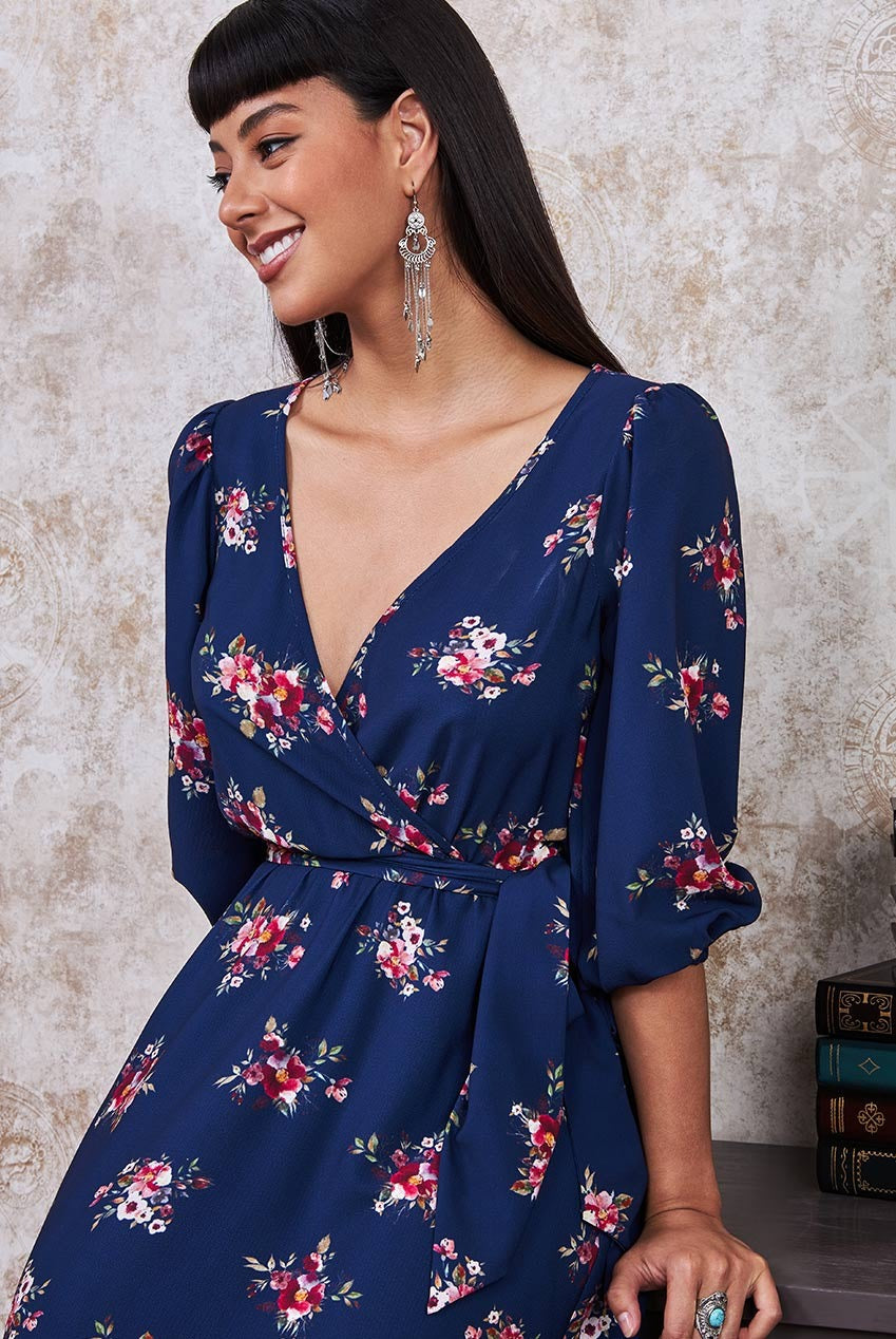Goddiva Wrap Style Floral Midi Dress - Navy