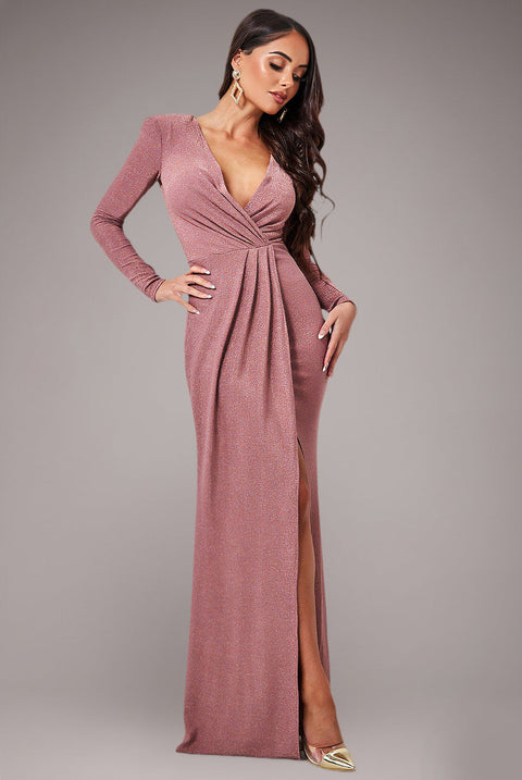 Goddiva Front Crossover Lurex Split Maxi - Rose