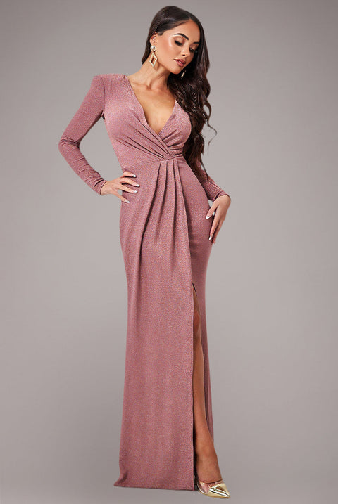 Goddiva Front Crossover Lurex Split Maxi - Rose