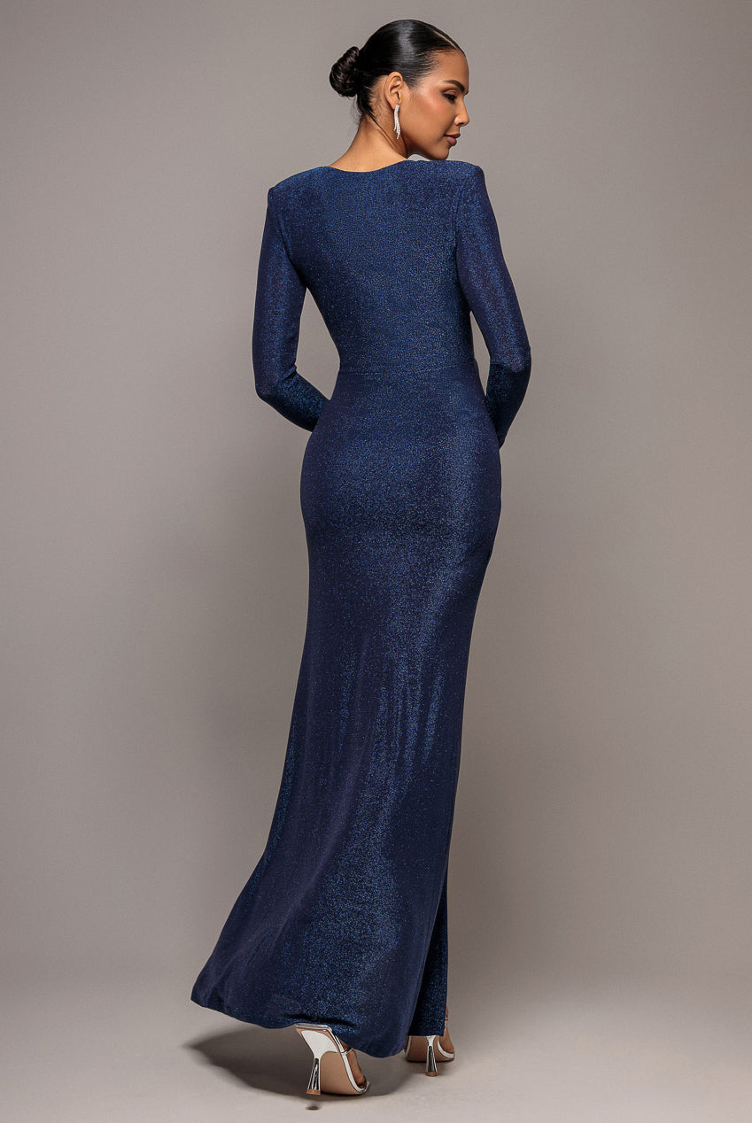 Goddiva Plunge Neck Wrap Front Split Lurex Maxi Dress - Navy Blue