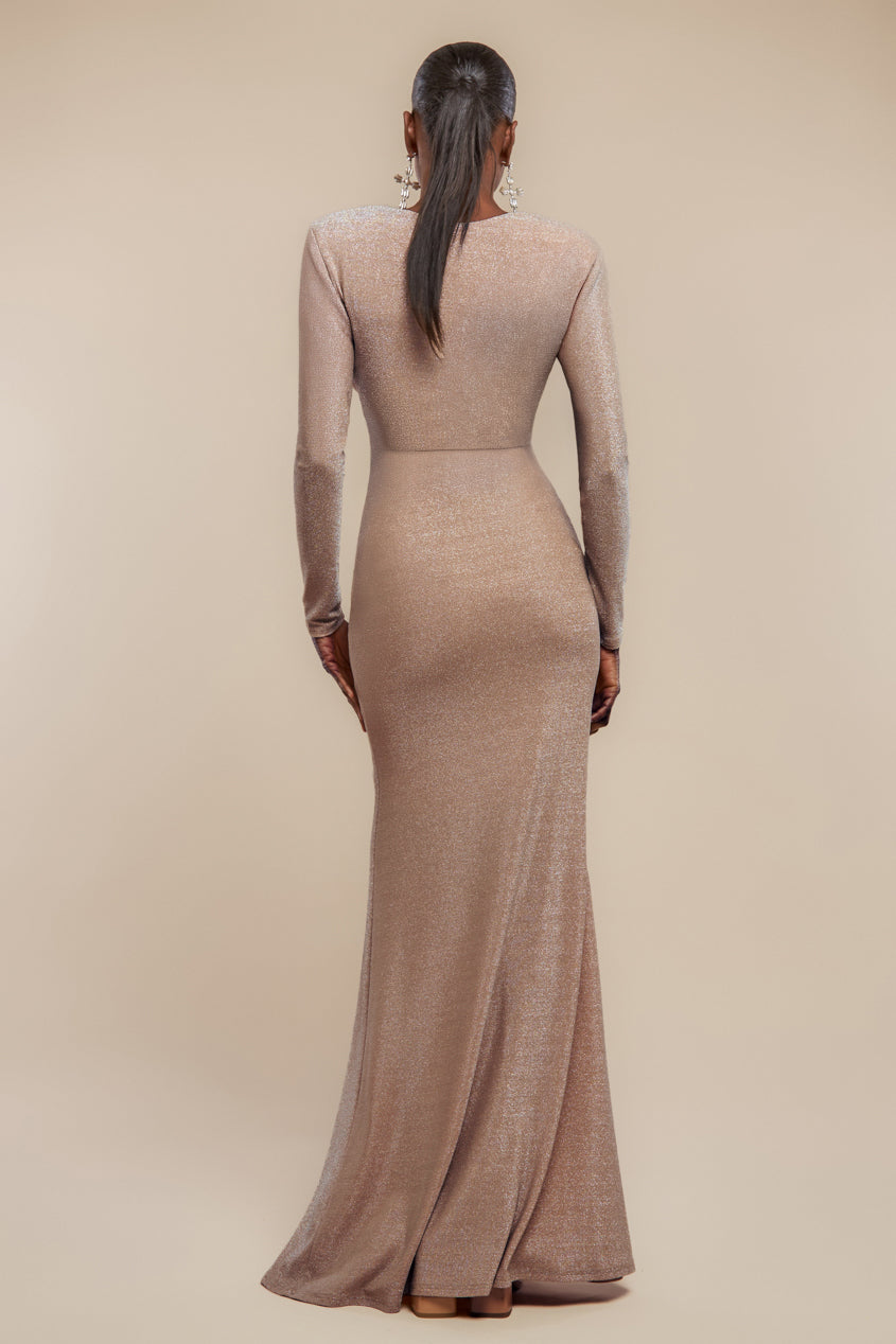 Goddiva Plunge Neck Wrap Front Split Lurex Maxi Dress - Nude
