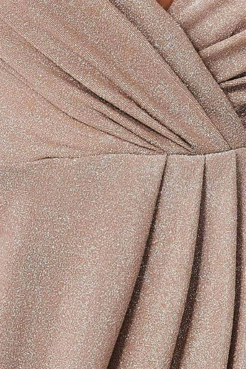 Goddiva Plunge Neck Wrap Front Split Lurex Maxi Dress - Nude