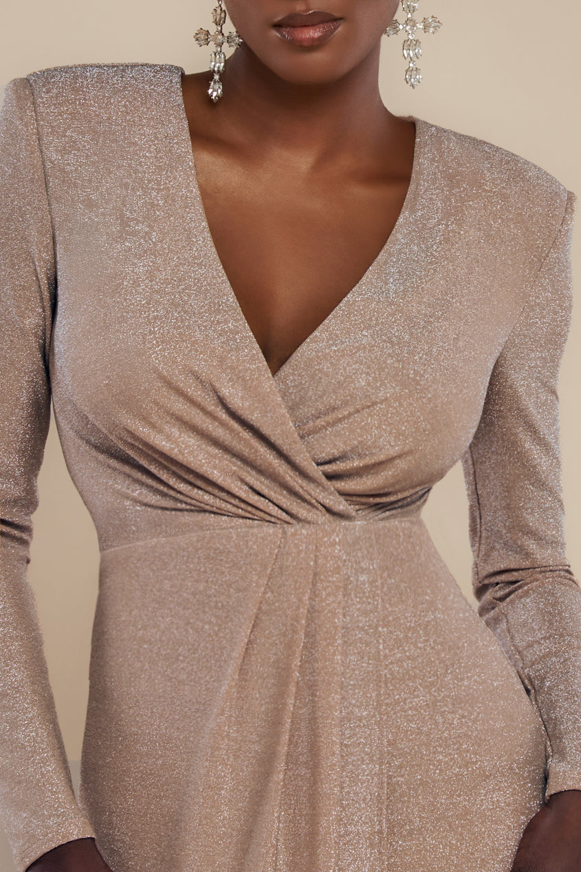 Goddiva Plunge Neck Wrap Front Split Lurex Maxi Dress - Nude