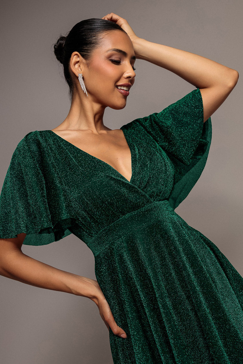 Goddiva Sparkle Lurex Mini Skater Dress - Emerald Green