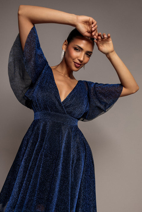 Goddiva Sparkle Lurex Wrap Mini Skater Dress - Navy Blue