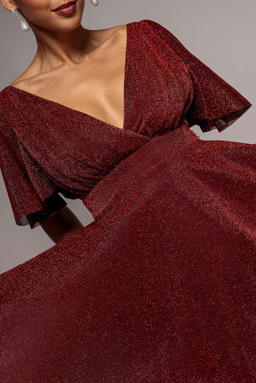 Goddiva Sparkle Lurex Wrap Mini Skater Dress - Red