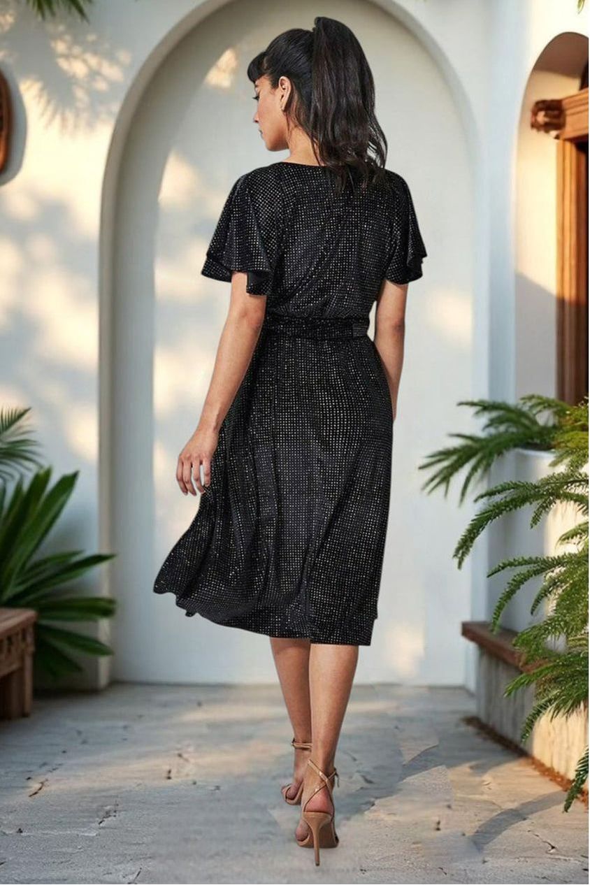 Goddiva Sparkle Wrap Style Flutter Sleeve Midi Dress - Black