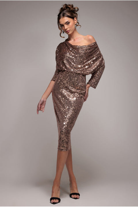 Goddiva Sequin Cowl Neck Midi Dress - Champagne
