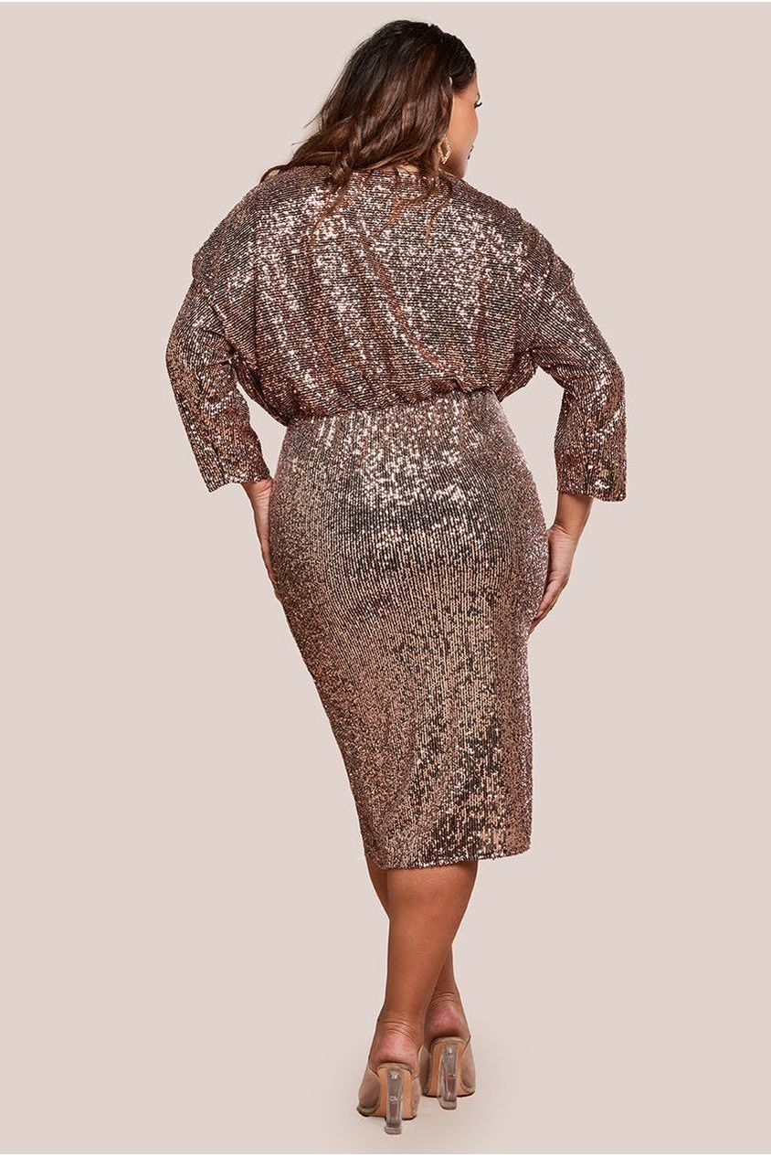 Goddiva Plus Sequin Cowl Neck Midi Dress - Champagne
