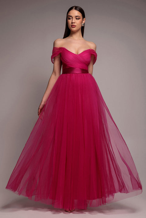 Goddiva Off The Shoulder Princess Maxi Dress - Hot Pink