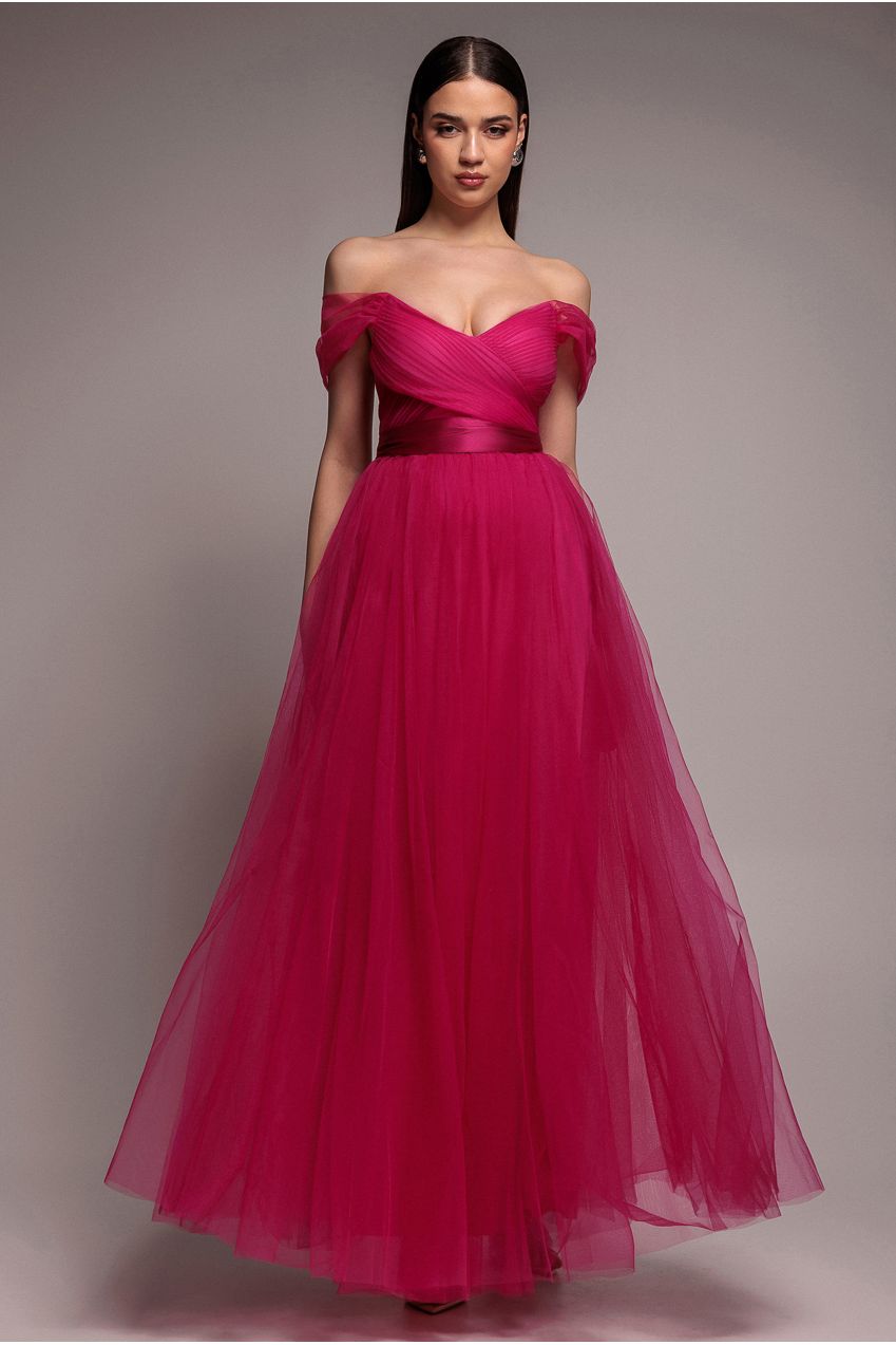 Goddiva Off The Shoulder Princess Maxi Dress - Hot Pink