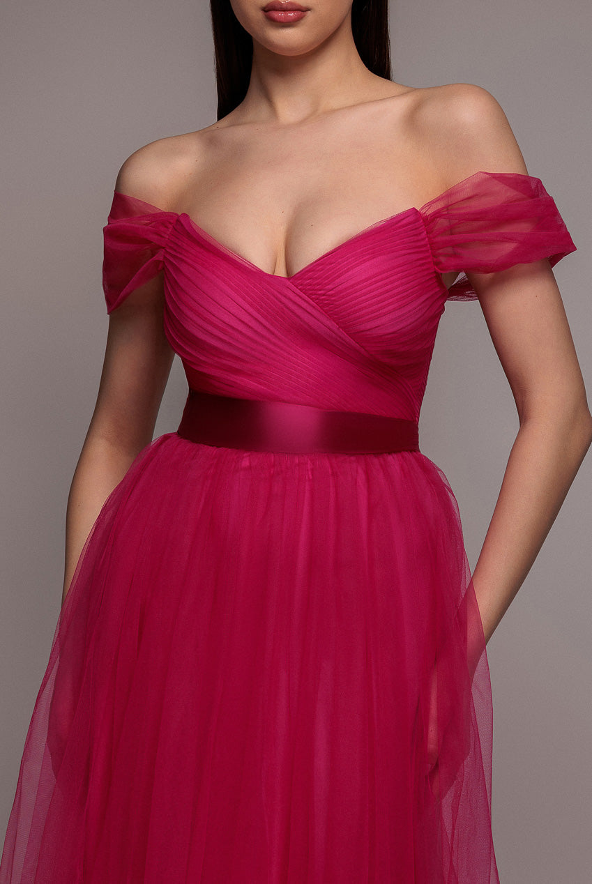 Goddiva Off The Shoulder Princess Maxi Dress - Hot Pink