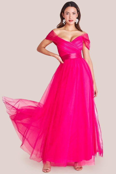 Goddiva Off The Shoulder Princess Maxi Dress - Hot Pink