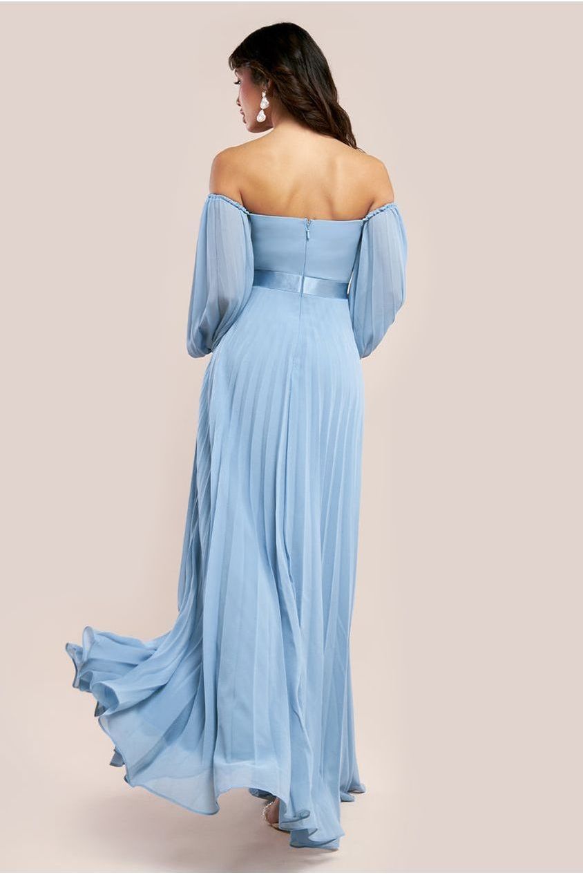 Goddiva Bardot Chiffon Pleated Maxi - Blue