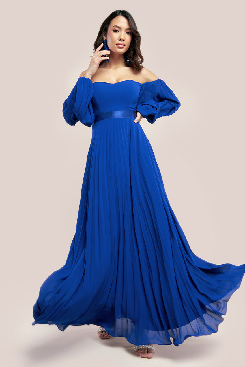Goddiva Bardot Chiffon Pleated Maxi - Royal Blue