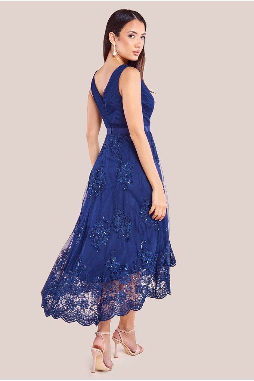 Goddiva Pleated Satin Bodice High And Low Dress - Navy