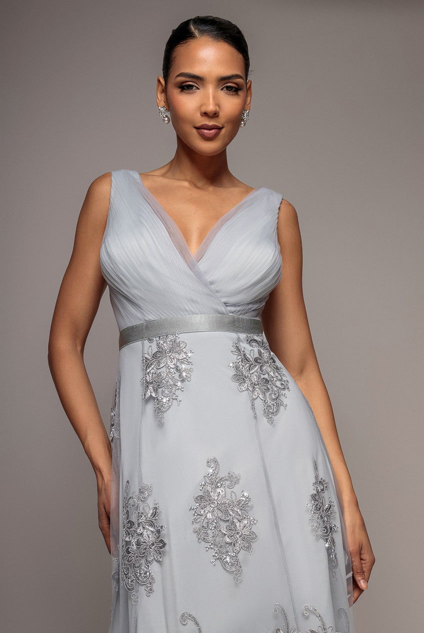 Goddiva Pleated Satin Bodice High And Low Dress - Gray