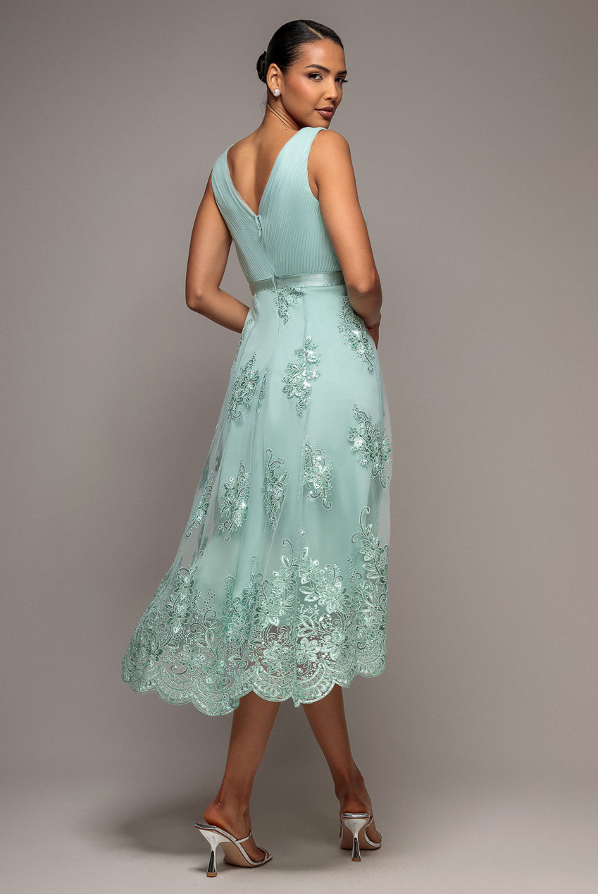 Goddiva Pleated Satin Bodice High And Low Dress - Sage Green