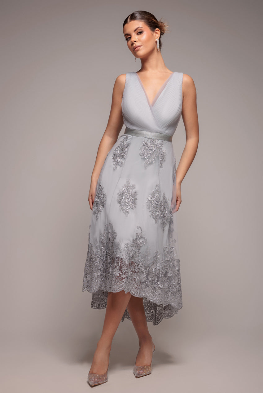 Goddiva Pleated Satin Bodice High And Low Dress - Gray