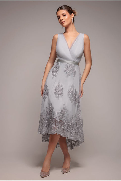 Goddiva Pleated Satin Bodice High And Low Dress - Gray