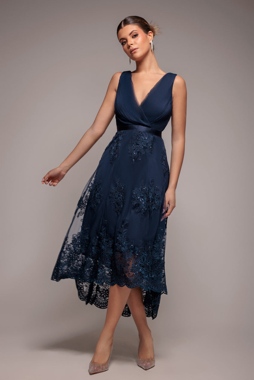 Goddiva Pleated Satin Bodice High And Low Dress - Navy