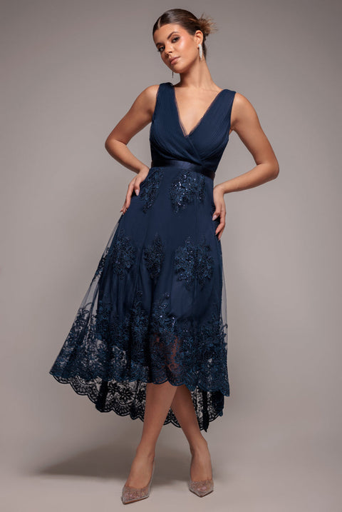 Goddiva Pleated Satin Bodice High And Low Dress - Navy