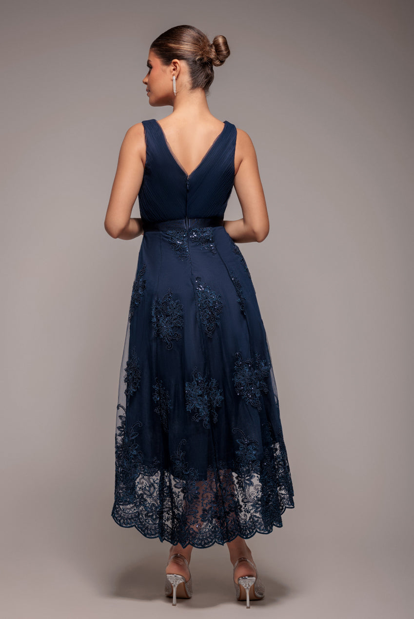 Goddiva Pleated Satin Bodice High And Low Dress - Navy