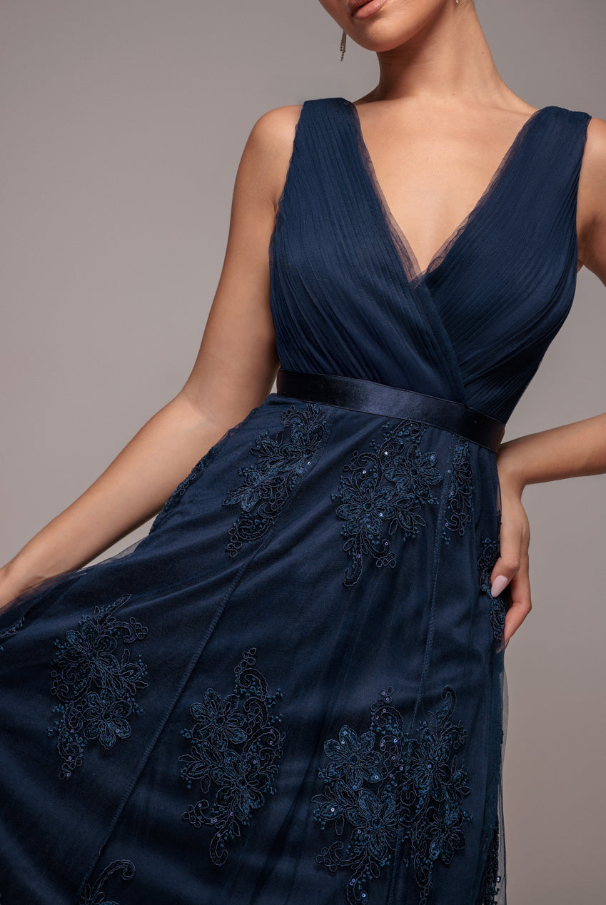 Goddiva Pleated Satin Bodice High And Low Dress - Navy