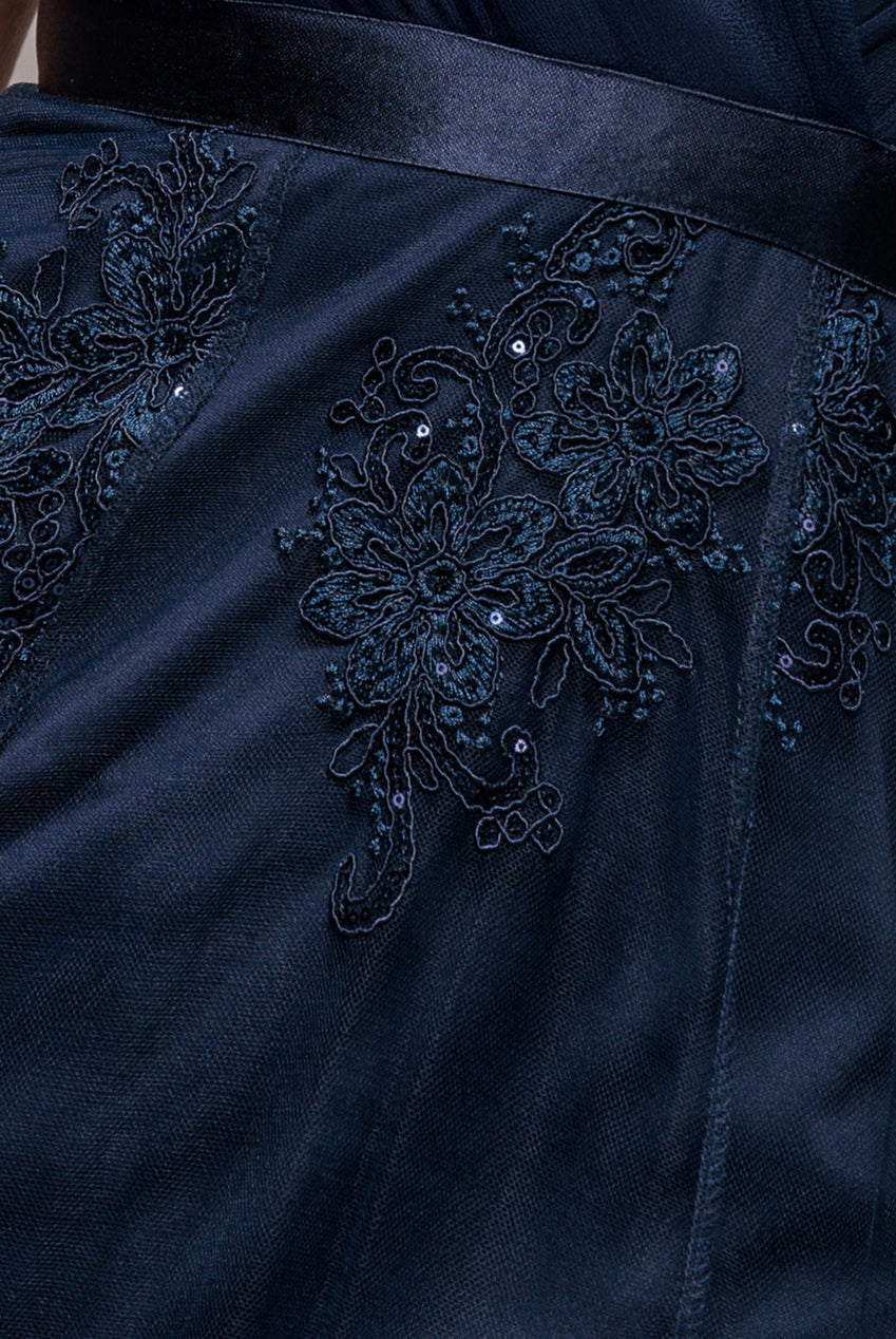 Goddiva Pleated Satin Bodice High And Low Dress - Navy