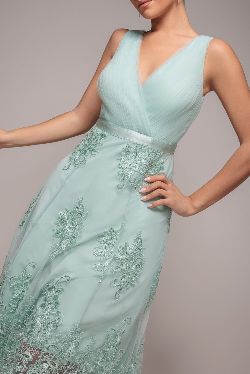 Goddiva Pleated Satin Bodice High And Low Dress - Sage Green