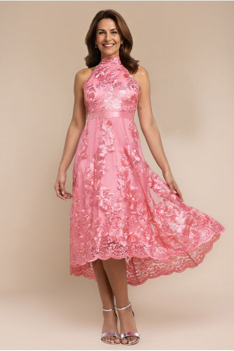 Goddiva Halter Neck Lace High And Low Dress - Coral