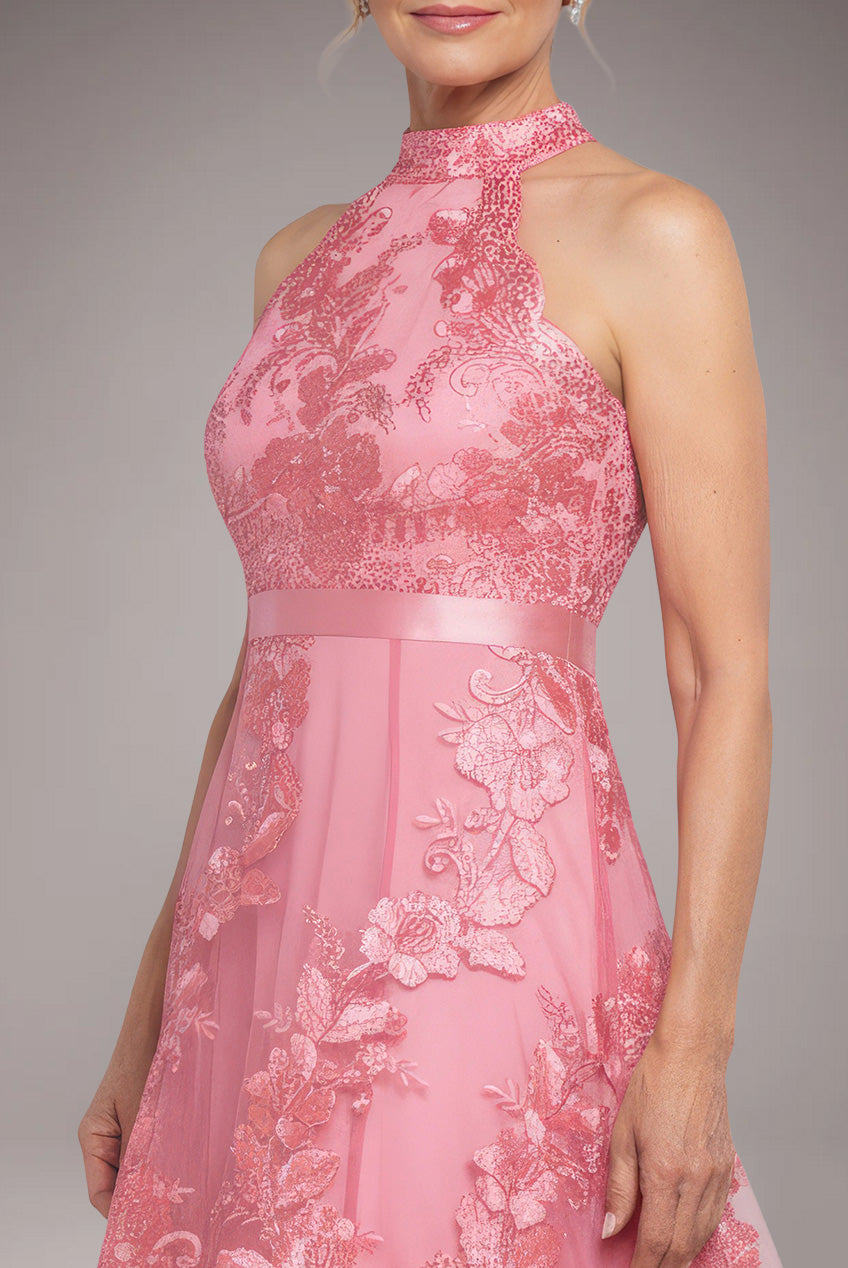 Goddiva Halter Neck Lace High And Low Dress - Coral