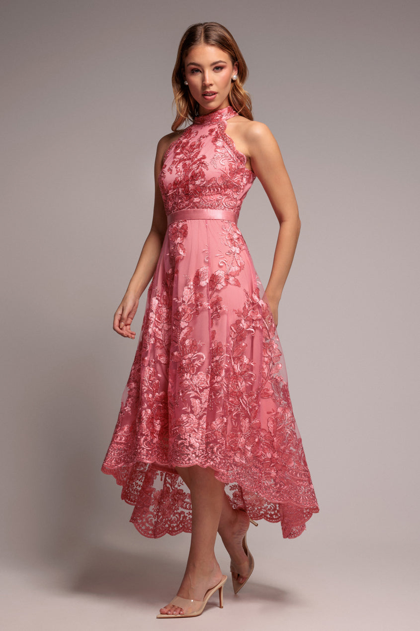Goddiva Halter Neck Lace High And Low Dress - Coral