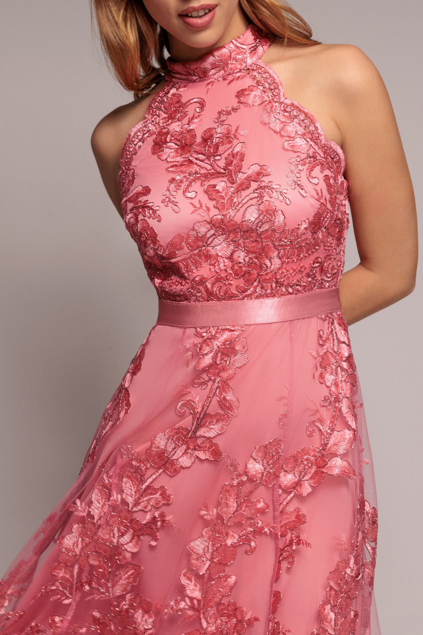 Goddiva Halter Neck Lace High And Low Dress - Coral