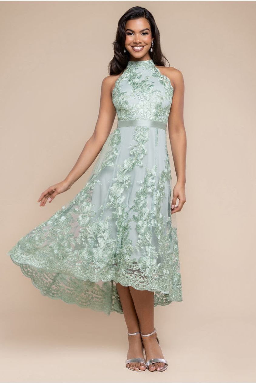 Goddiva Halter Neck Lace High And Low Dress - Sage Green