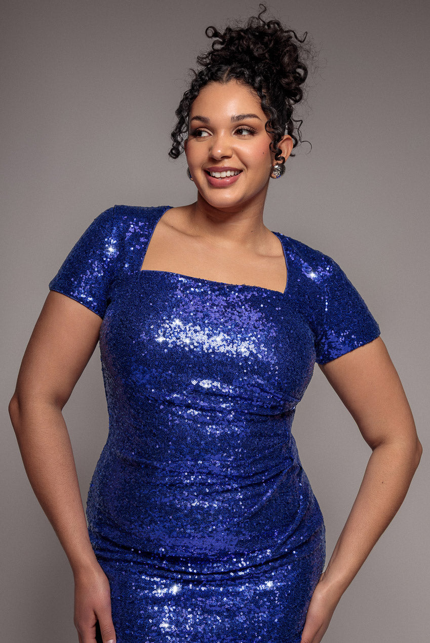 Goddiva Plus Sequin Portrait Neckline Maxi Dress - Royal Blue