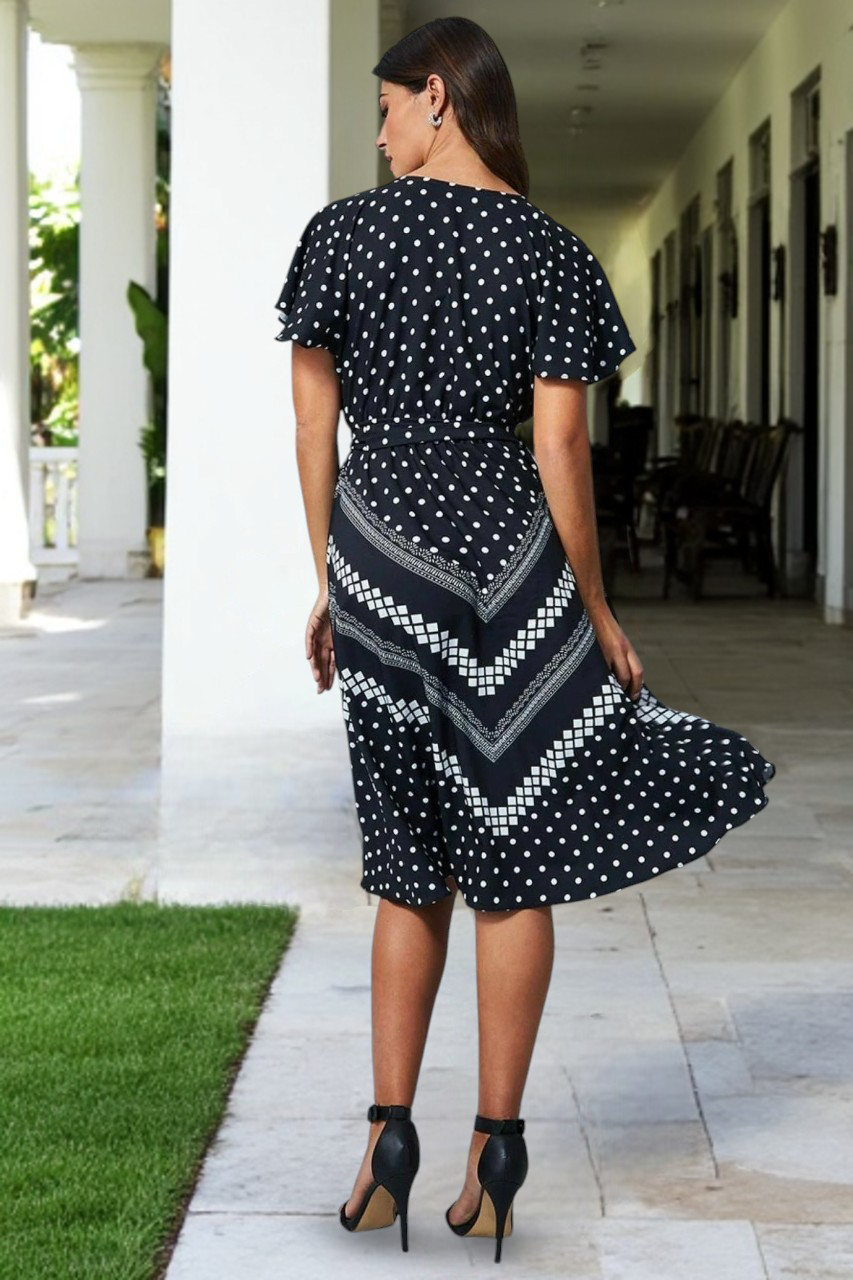 Goddiva Wrap Style Flutter Sleeve Midi Dress - Black