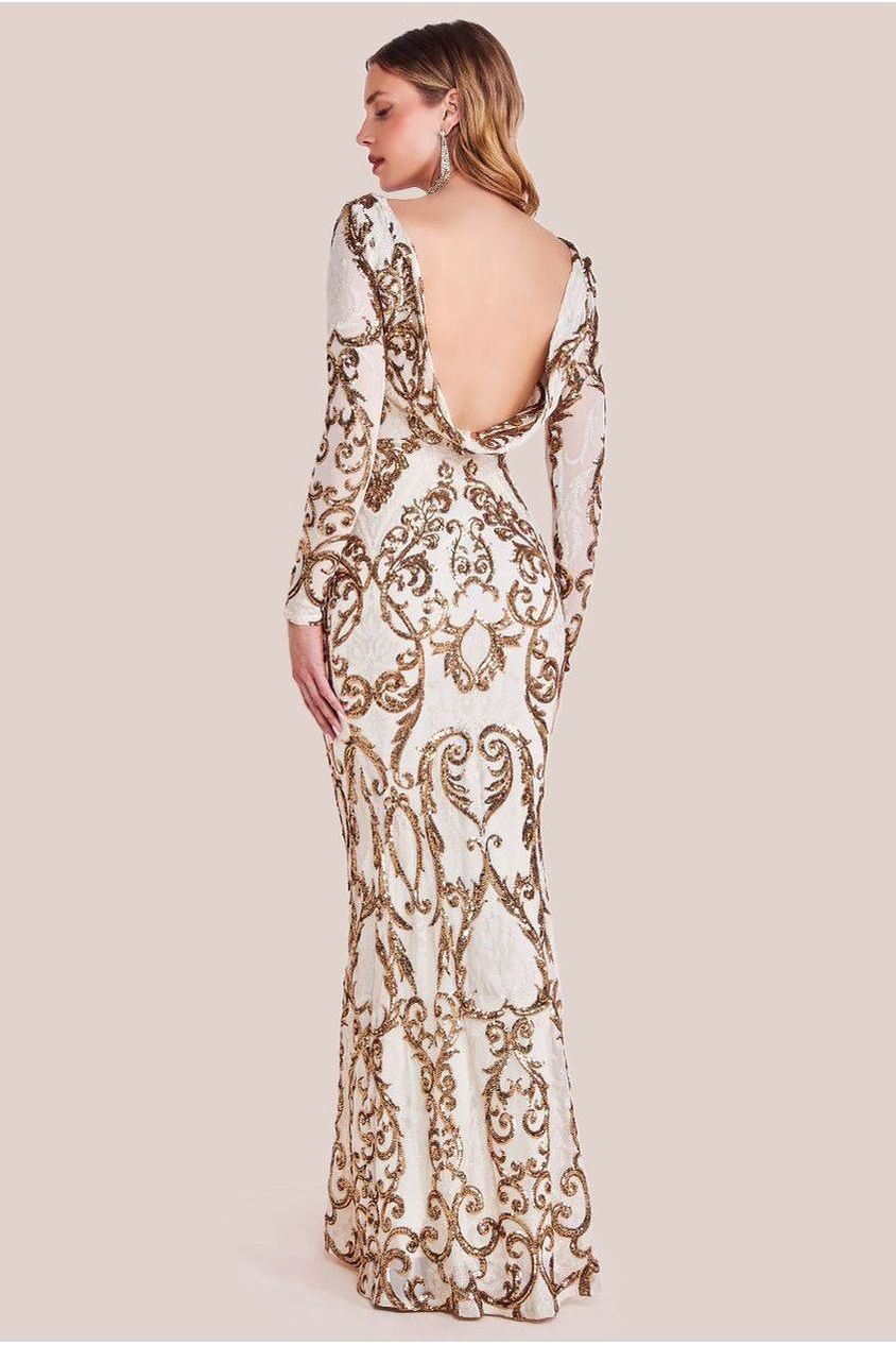 Goddiva Sequin Cowl Back Maxi - Cream