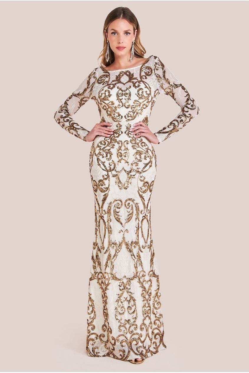 Goddiva Sequin Cowl Back Maxi - Cream