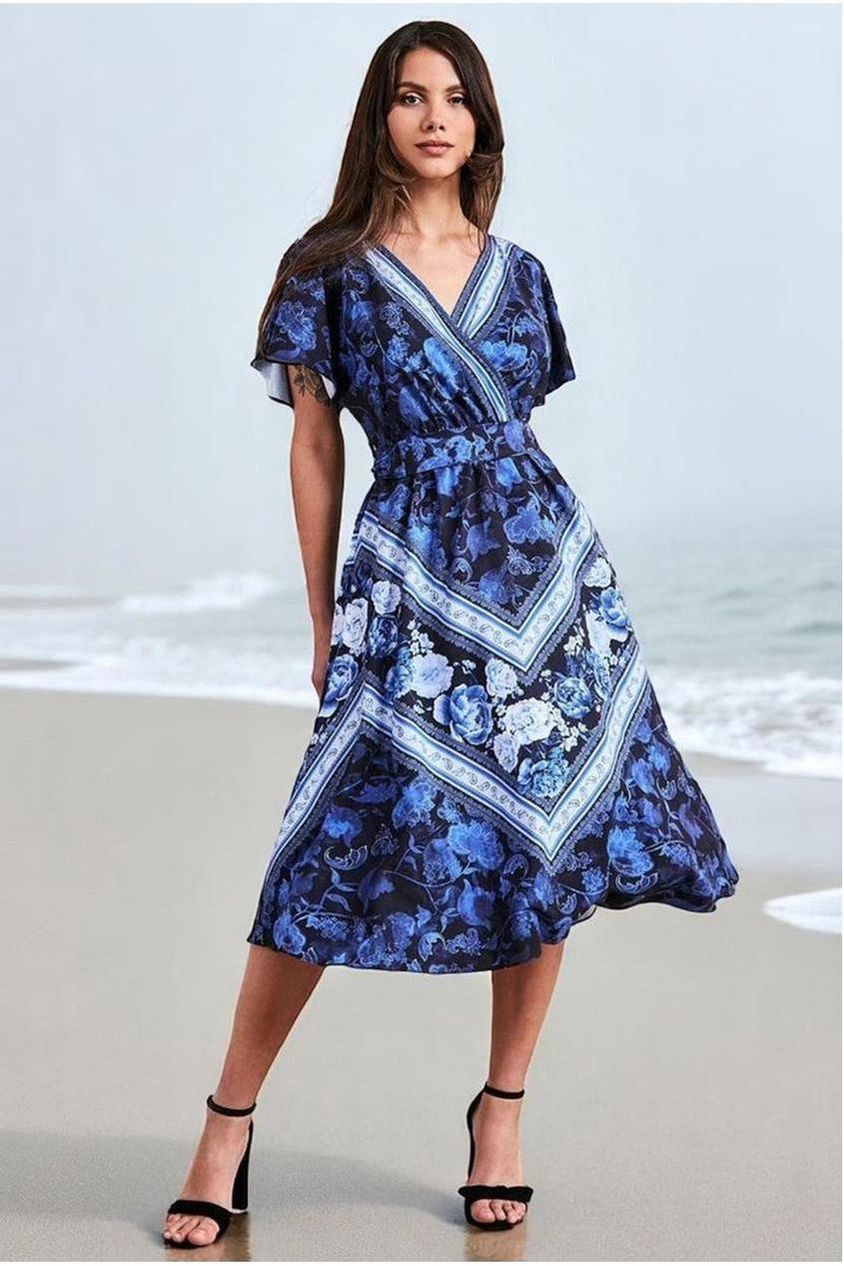 Goddiva Flutter Sleeve Wrap Style Midi Dress - Navy