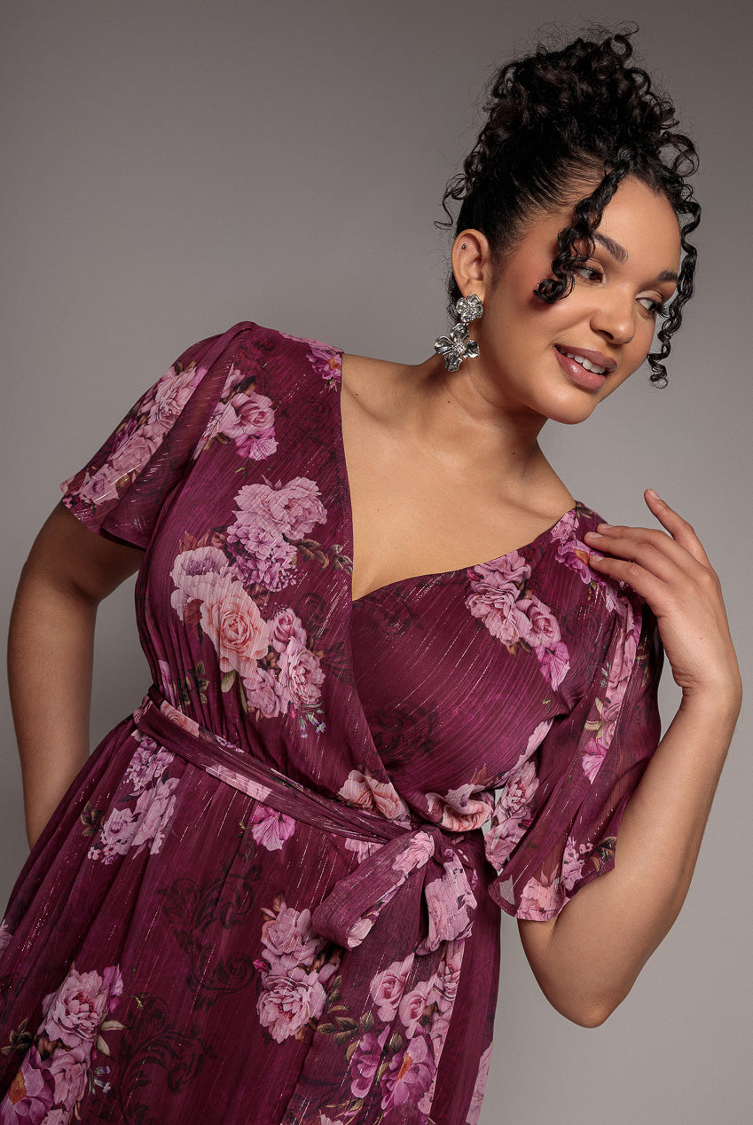 Goddiva Plus Floral Print Wrap Chiffon Midi Dress - Berry Floral