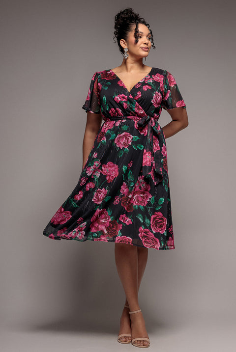 Goddiva Plus Floral Print Wrap Chiffon Midi Dress - Black Floral
