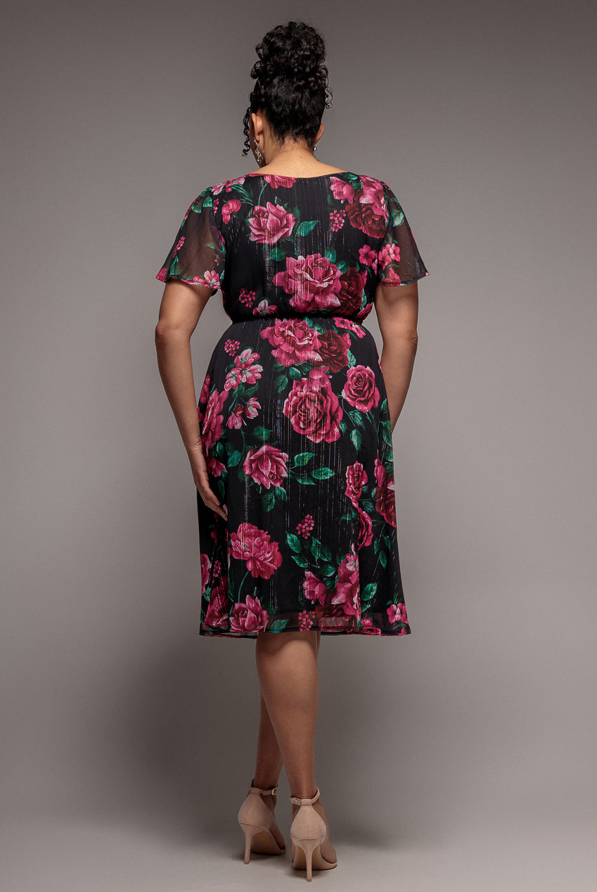 Goddiva Plus Floral Print Wrap Chiffon Midi Dress - Black Floral
