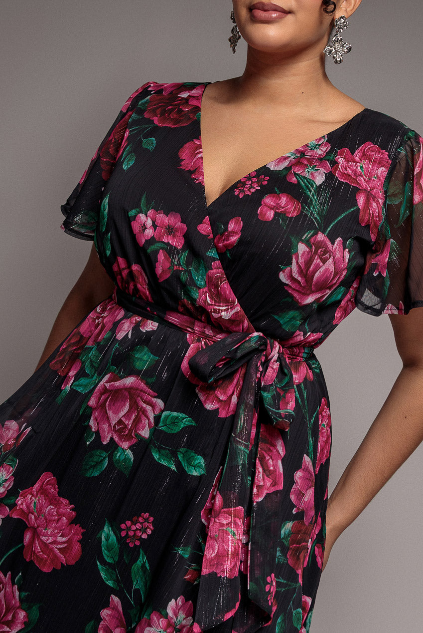 Goddiva Plus Floral Print Wrap Chiffon Midi Dress - Black Floral