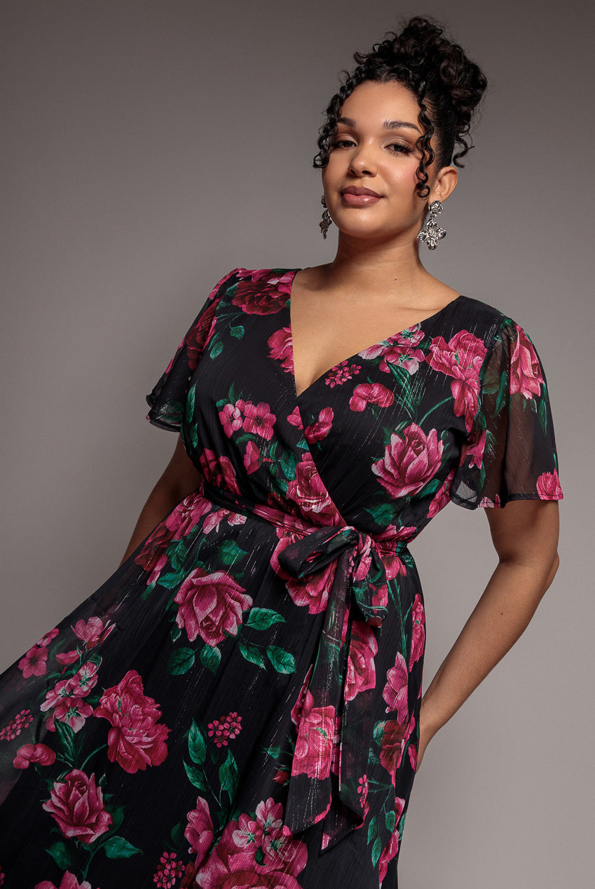 Goddiva Plus Floral Print Wrap Chiffon Midi Dress - Black Floral
