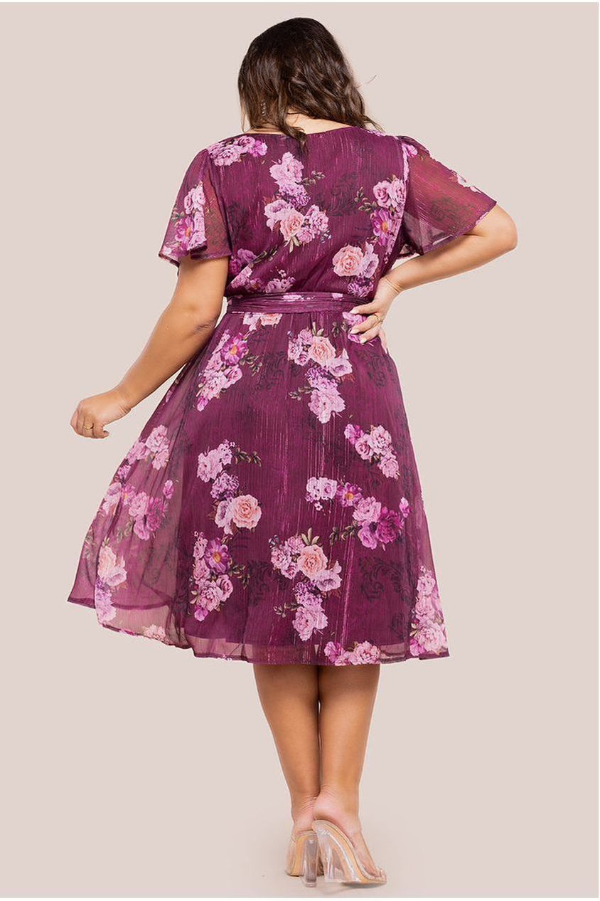 Goddiva Plus Floral Print Wrap Chiffon Midi Dress - Berry Floral