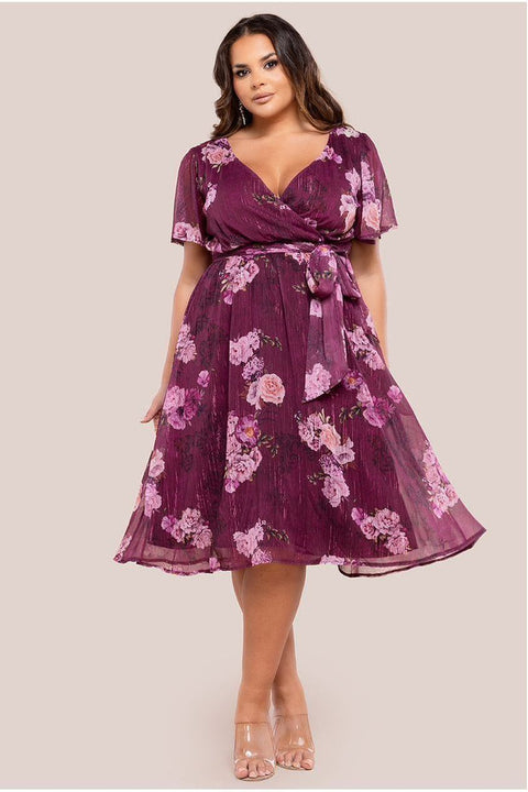 Goddiva Plus Floral Print Wrap Chiffon Midi Dress - Berry Floral